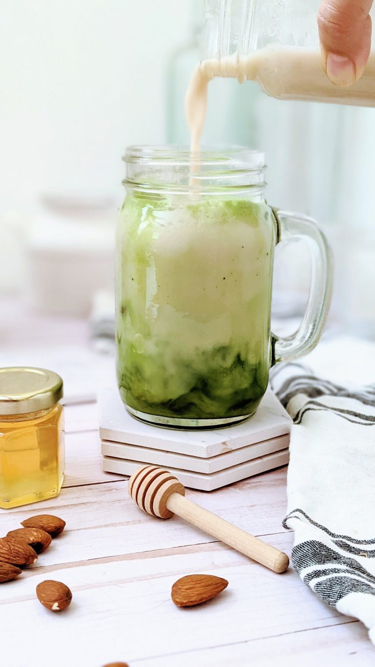 honey almond matcha latte recipe dairy free gluten free plant based milk in lattes the best vegan milk for lattes how to make your own almond milk matcha latte recipe with honey