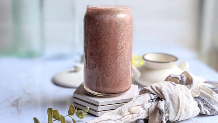 cottage cheese smoothie with fruit banana peaches orange blueberries and water
