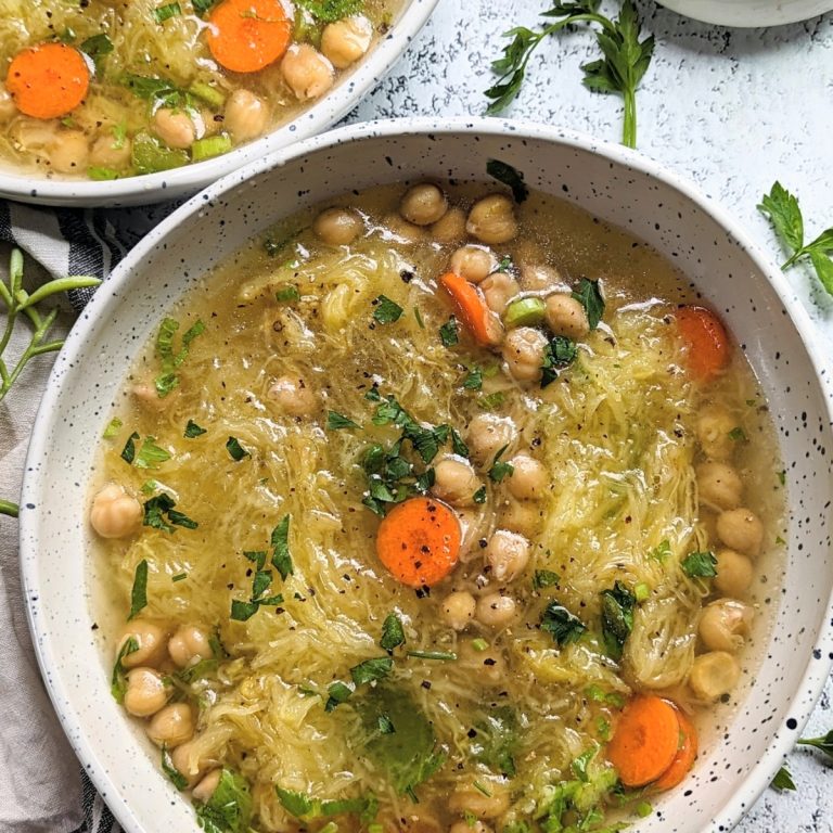 chicken noodle soup with spaghetti squash and chickpeas instead of meat and pasta healthy lighter vegan chicken noodle without noodles