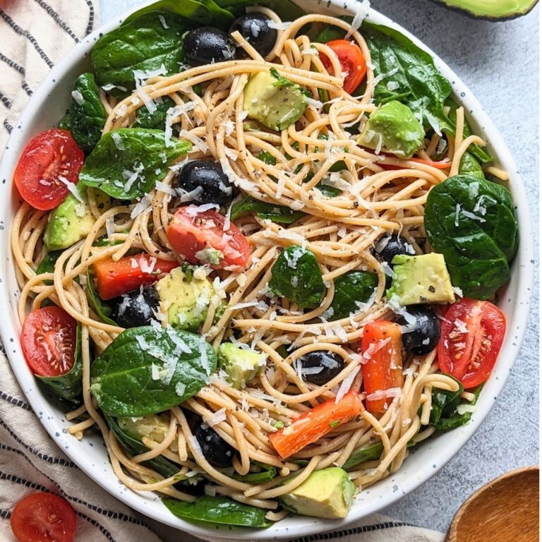 california spaghetti salad recipe with avocado tomatoes spinach and a tangy italian dressing